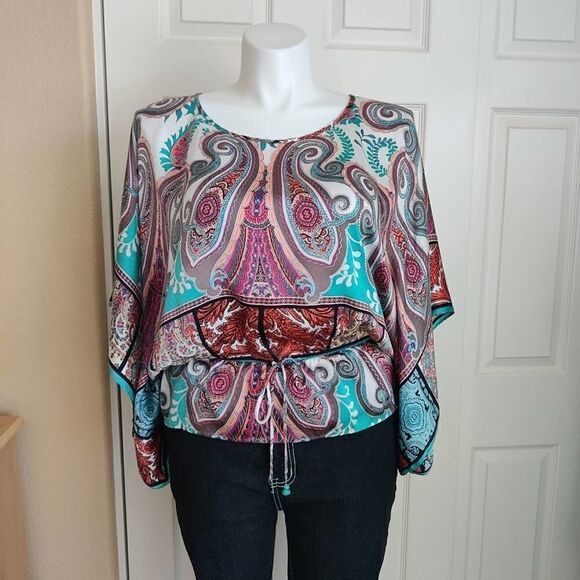 Karen Kane paisley boho 100% silk caftan blouse sz L - Picture 3 of 10
